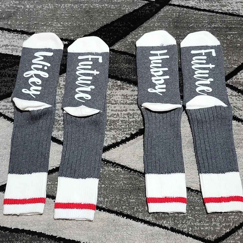 FUTURE WIFEY & FUTURE HUBBY ONE-SIZE GRAY & WHITE NOVELTY CREWSOCKS
